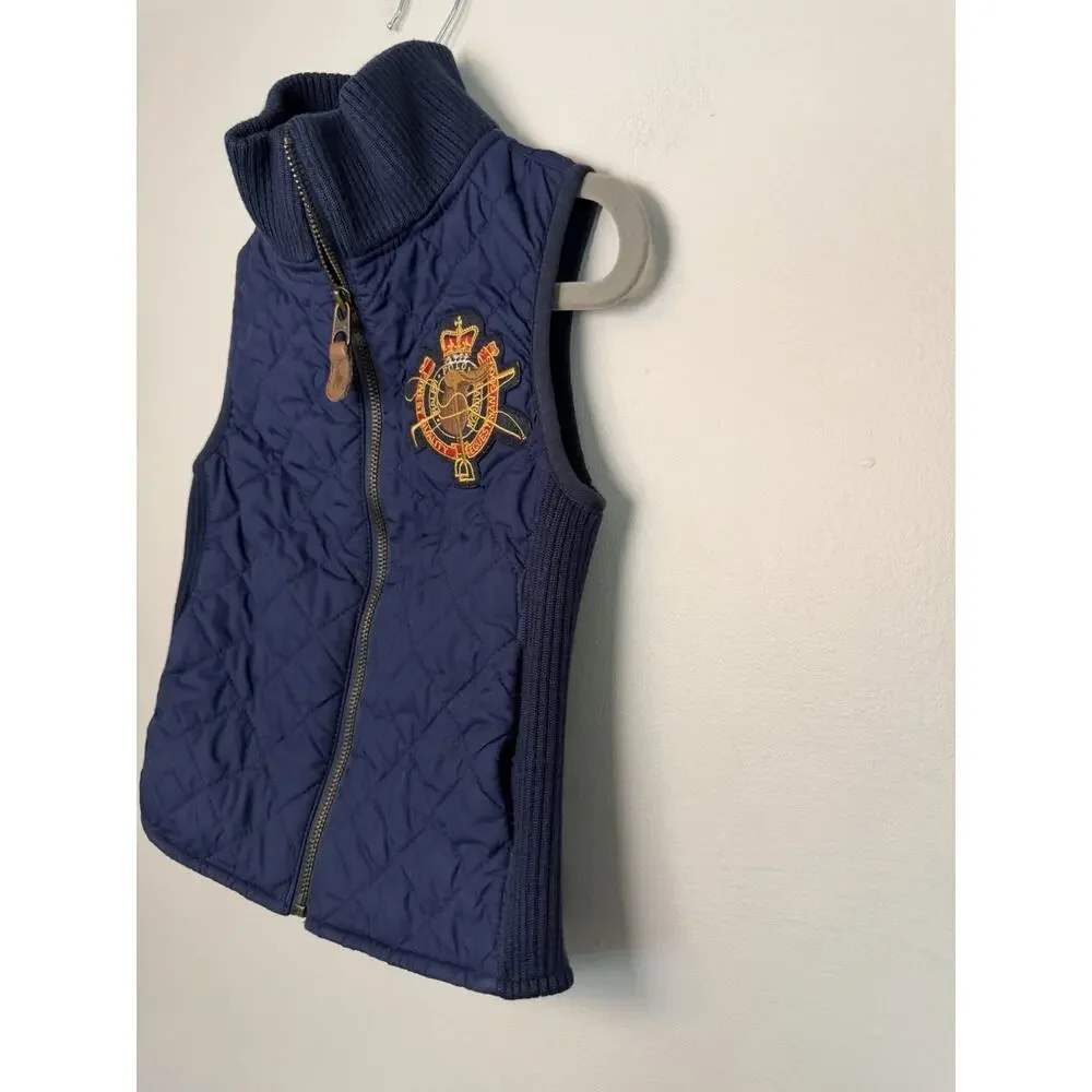 Ralph Lauren Kids Girls Quilted Navy Crest Vest Jacket Zip Pockets Sz 7 Logo